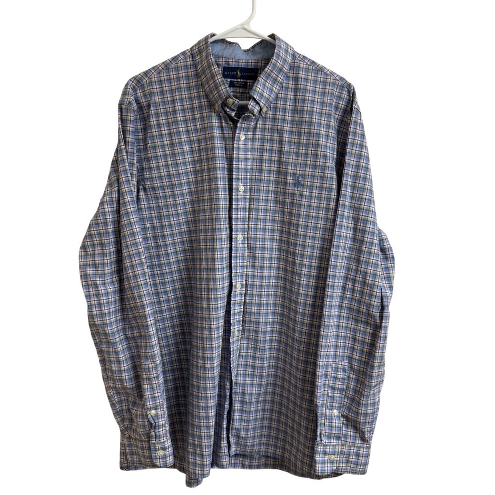 Ralph Lauren Mens Size XL Classic Fit 100% Cotton Stretch Blue Plaid Shirt Pony